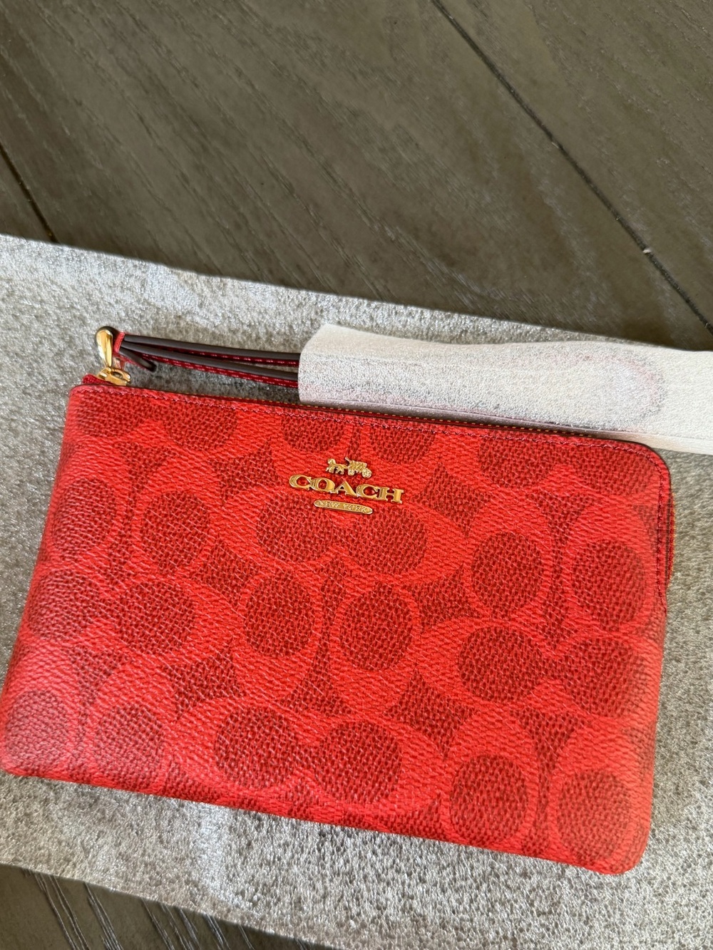 Coach Red Signature Zip Card Case with Gold Logo